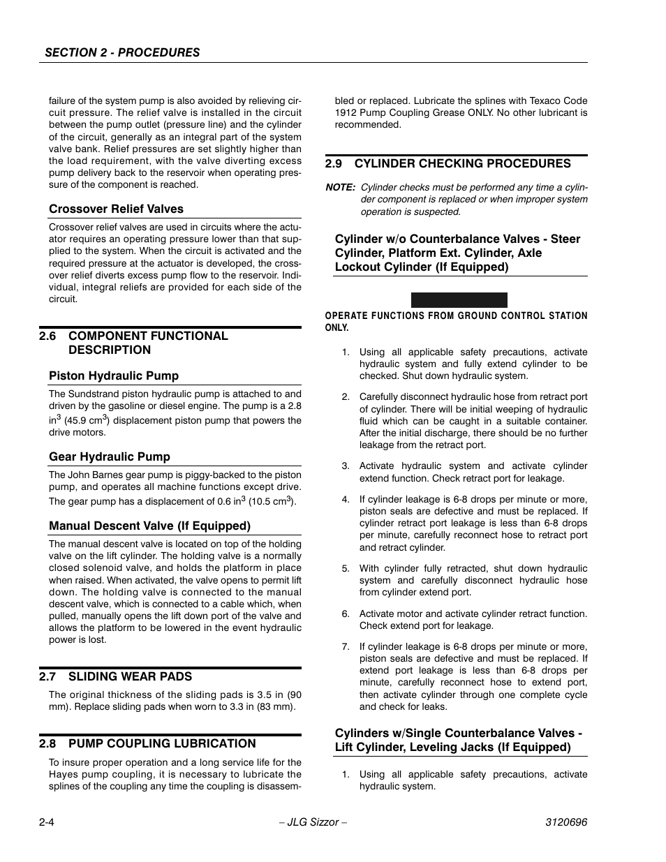Crossover relief valves, 6 component functional description, Piston hydraulic pump | Gear hydraulic pump, Manual descent valve (if equipped), 7 sliding wear pads, 8 pump coupling lubrication, 9 cylinder checking procedures, Component functional description -4, Sliding wear pads -4 | JLG 500RTS ANSI Service Manual User Manual | Page 20 / 98