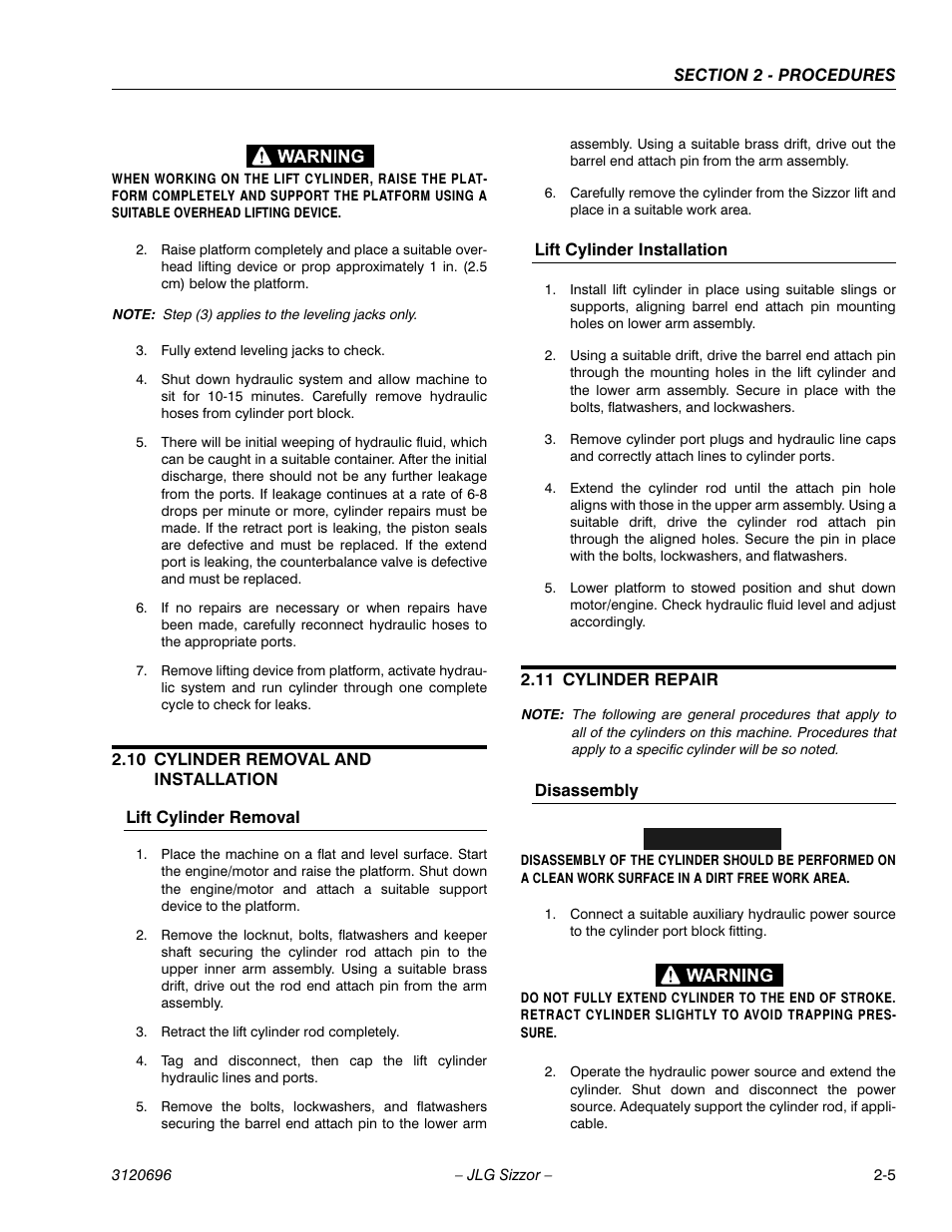 10 cylinder removal and installation, Lift cylinder removal, Lift cylinder installation | 11 cylinder repair, Disassembly, Cylinder removal and installation -5, Cylinder repair -5 | JLG 500RTS ANSI Service Manual User Manual | Page 21 / 98