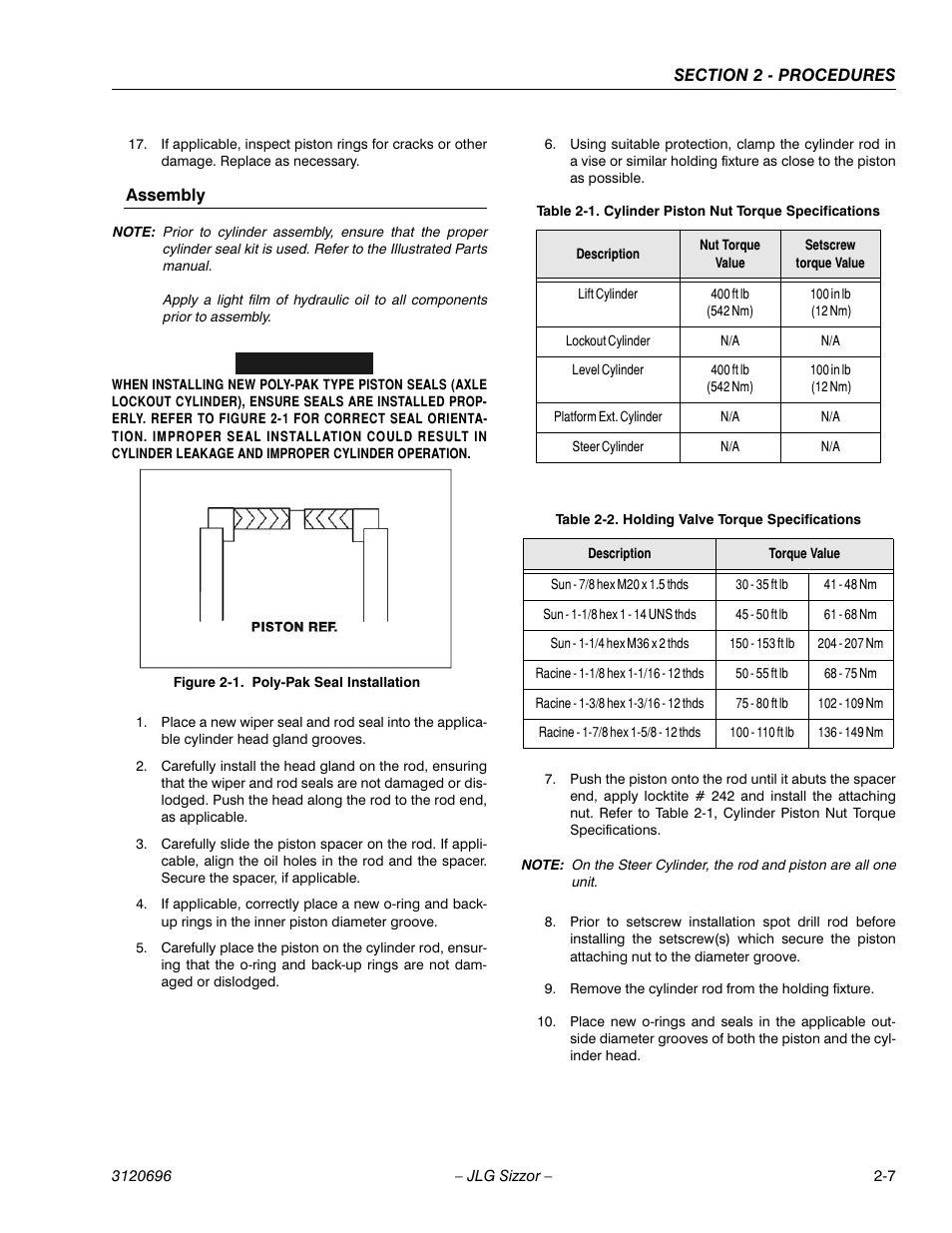 Assembly, Poly-pak seal installation -7, Cylinder piston nut torque specifications -7 | Holding valve torque specifications -7 | JLG 500RTS ANSI Service Manual User Manual | Page 23 / 98