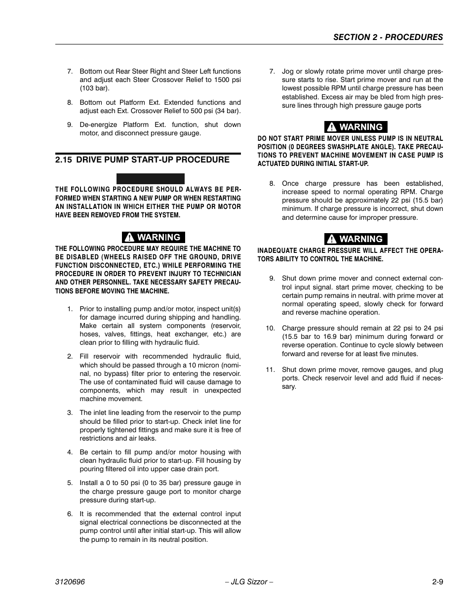 15 drive pump start-up procedure, Drive pump start-up procedure -9 | JLG 500RTS ANSI Service Manual User Manual | Page 25 / 98