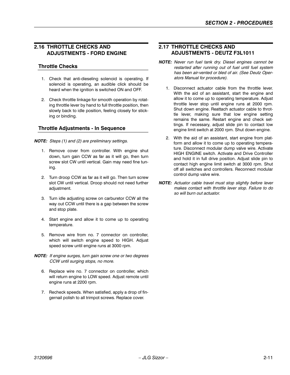 16 throttle checks and adjustments - ford engine, Throttle checks, Throttle adjustments - in sequence | 17 throttle checks and adjustments - deutz f3l1011, Throttle checks and adjustments - ford engine -11 | JLG 500RTS ANSI Service Manual User Manual | Page 27 / 98