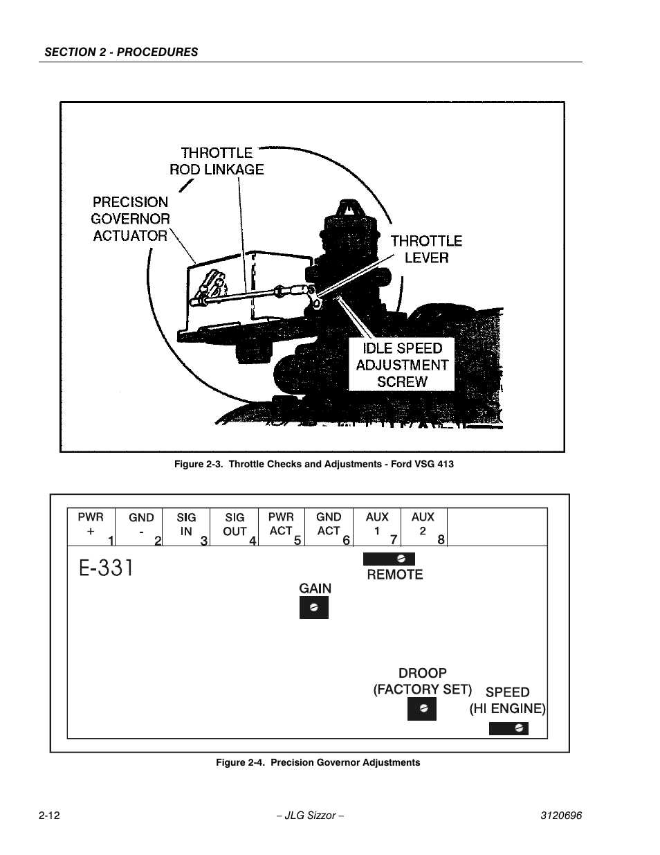 Throttle checks and adjustments - ford vsg 413 -12, Precision governor adjustments -12 | JLG 500RTS ANSI Service Manual User Manual | Page 28 / 98