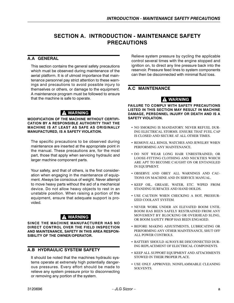 A.a general, A.b hydraulic system safety, A.c maintenance | JLG 500RTS ANSI Service Manual User Manual | Page 3 / 98