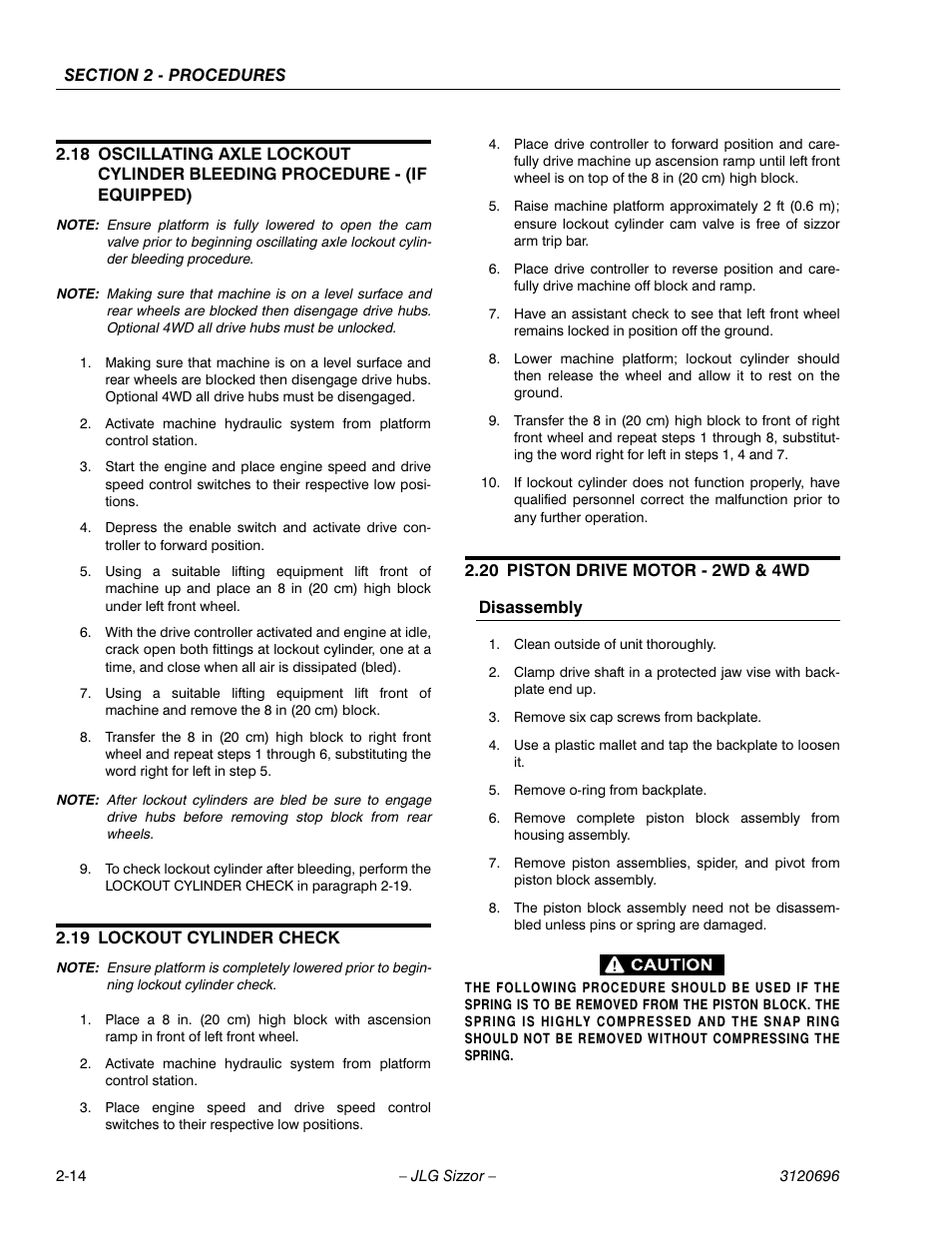 19 lockout cylinder check, 20 piston drive motor - 2wd & 4wd, Disassembly | Lockout cylinder check -14, Piston drive motor - 2wd & 4wd -14 | JLG 500RTS ANSI Service Manual User Manual | Page 30 / 98