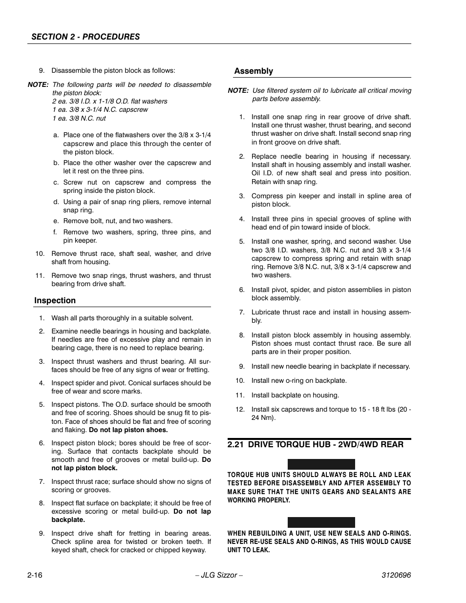Inspection, Assembly, 21 drive torque hub - 2wd/4wd rear | Drive torque hub - 2wd/4wd rear -16 | JLG 500RTS ANSI Service Manual User Manual | Page 32 / 98