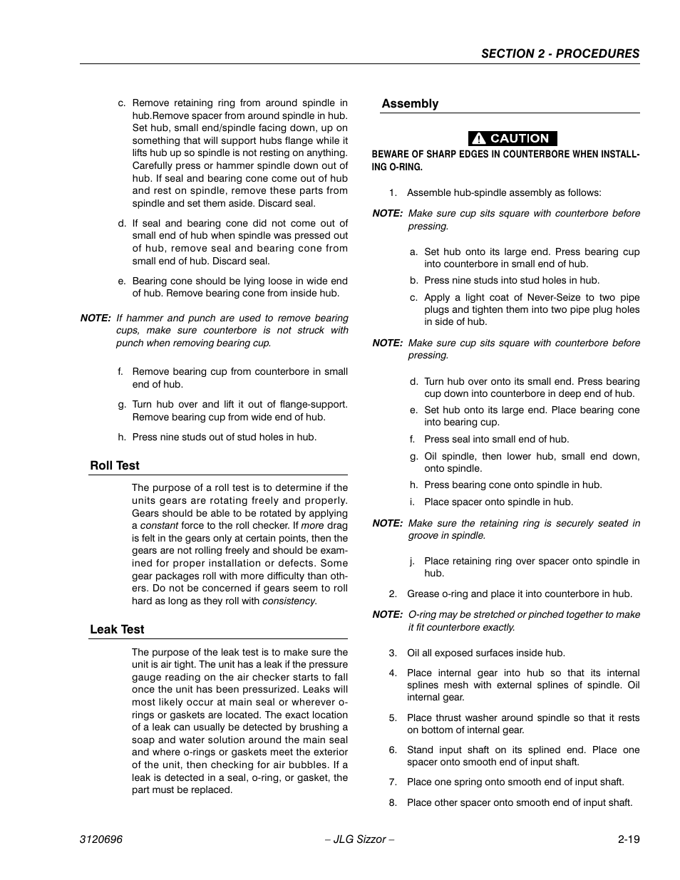 Roll test, Leak test, Assembly | JLG 500RTS ANSI Service Manual User Manual | Page 35 / 98