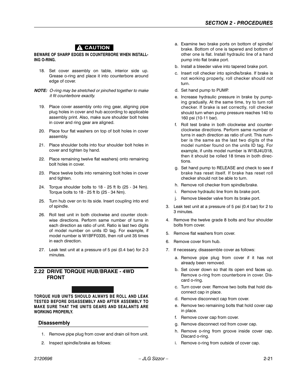 22 drive torque hub/brake - 4wd front, Disassembly, Drive torque hub/brake - 4wd front -21 | JLG 500RTS ANSI Service Manual User Manual | Page 37 / 98