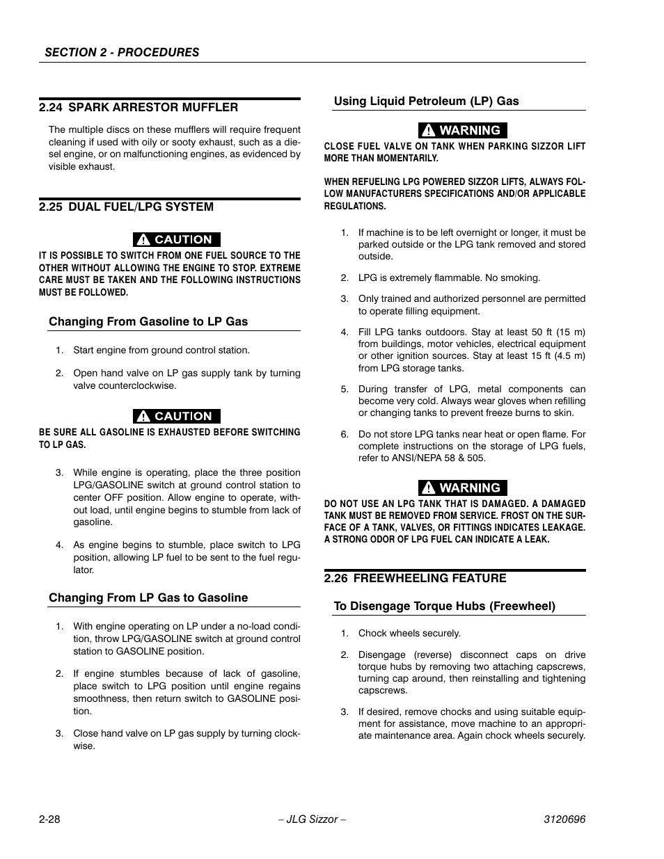24 spark arrestor muffler, 25 dual fuel/lpg system, Changing from gasoline to lp gas | Changing from lp gas to gasoline, Using liquid petroleum (lp) gas, 26 freewheeling feature, To disengage torque hubs (freewheel), Spark arrestor muffler -28, Dual fuel/lpg system -28, Freewheeling feature -28 | JLG 500RTS ANSI Service Manual User Manual | Page 44 / 98