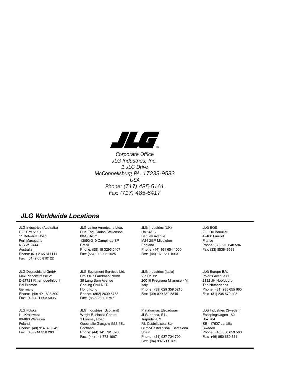 Jlg worldwide locations | JLG 80HX_HX+6 ANSI Operator Manual User Manual | Page 104 / 104