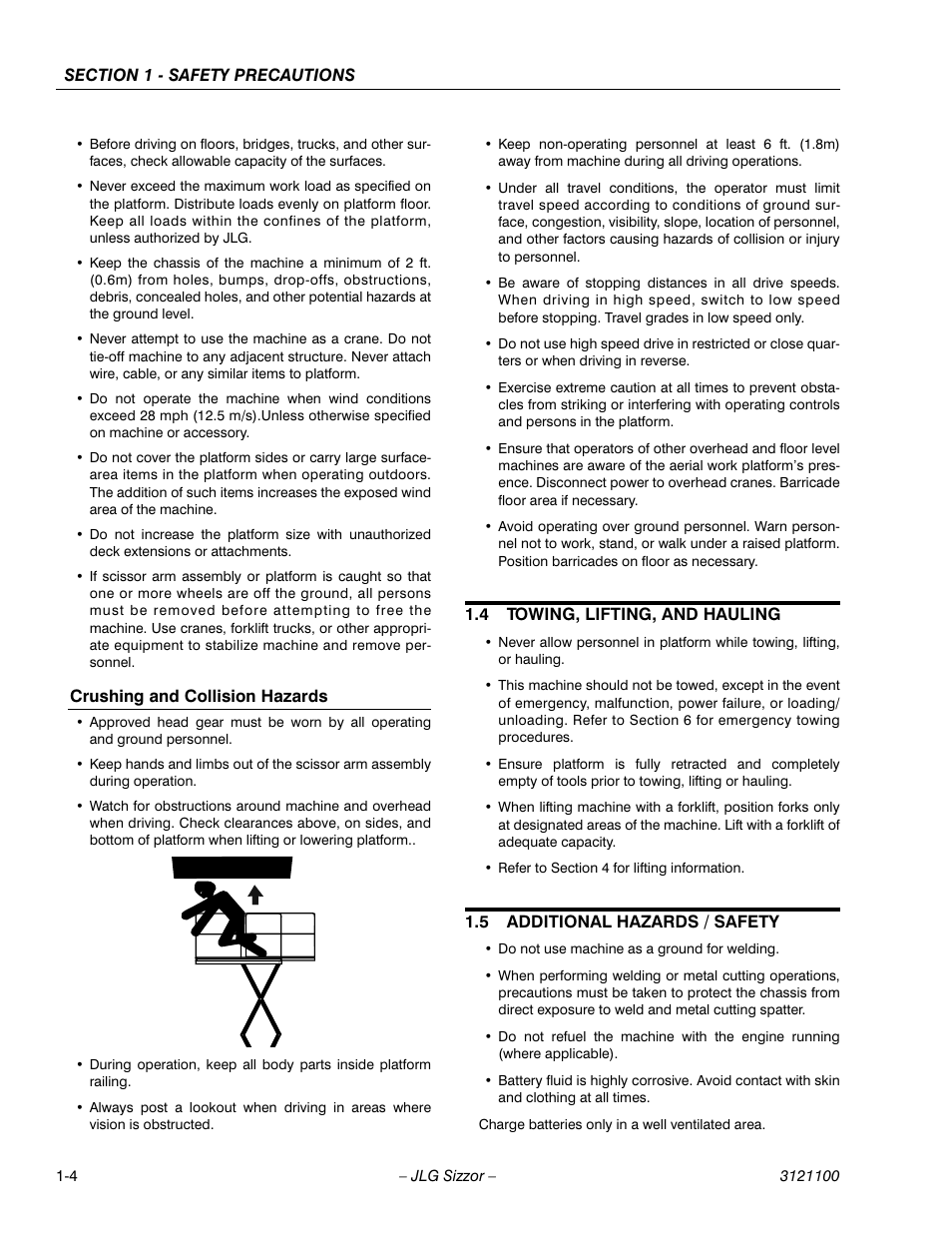 Crushing and collision hazards, 4 towing, lifting, and hauling, 5 additional hazards / safety | Towing, lifting, and hauling -4, Additional hazards / safety -4 | JLG 500RTS ANSI Operator Manual User Manual | Page 12 / 46