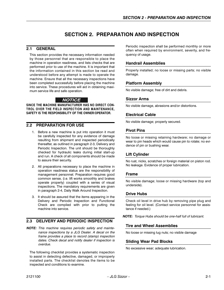 Section 2. preparation and inspection, 1 general, 2 preparation for use | 3 delivery and periodic inspection, Handrail assemblies, Platform assembly, Sizzor arms, Electrical cable, Pivot pins, Lift cylinder | JLG 500RTS ANSI Operator Manual User Manual | Page 13 / 46