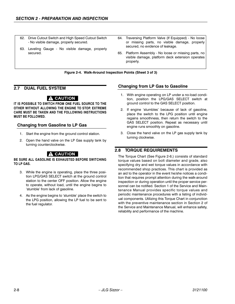 7 dual fuel system, Changing from gasoline to lp gas, Changing from lp gas to gasoline | 8 torque requirements, Dual fuel system -8, Torque requirements -8, Walk-around inspection points (sheet 3 of 3) -8 | JLG 500RTS ANSI Operator Manual User Manual | Page 20 / 46