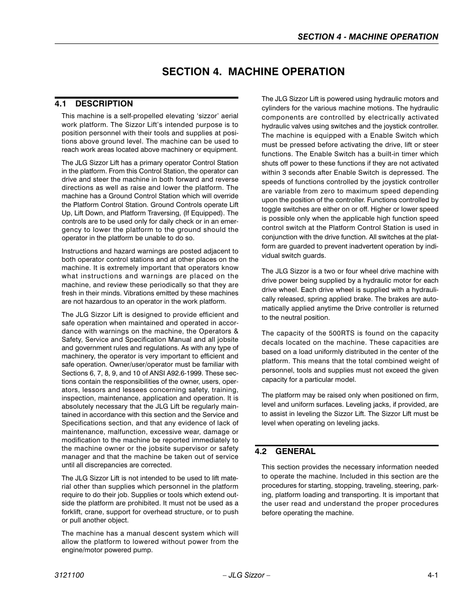 Section 4. machine operation, 1 description, 2 general | Section 4 - machine operation, Description -1, General -1 | JLG 500RTS ANSI Operator Manual User Manual | Page 33 / 46