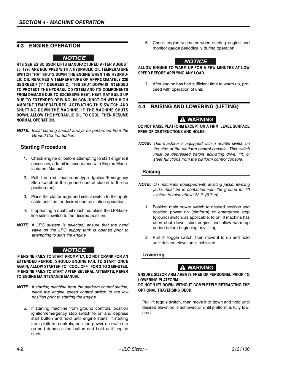 3 engine operation, Starting procedure, 4 raising and lowering (lifting) | Raising, Lowering, Engine operation -2, Raising and lowering (lifting) -2 | JLG 500RTS ANSI Operator Manual User Manual | Page 34 / 46