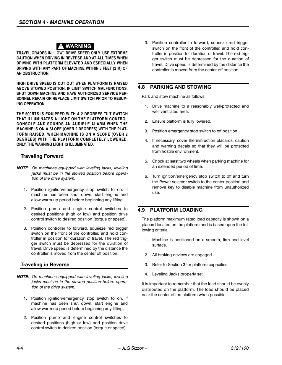 Traveling forward, Traveling in reverse, 8 parking and stowing | 9 platform loading, Parking and stowing -4, Platform loading -4 | JLG 500RTS ANSI Operator Manual User Manual | Page 36 / 46