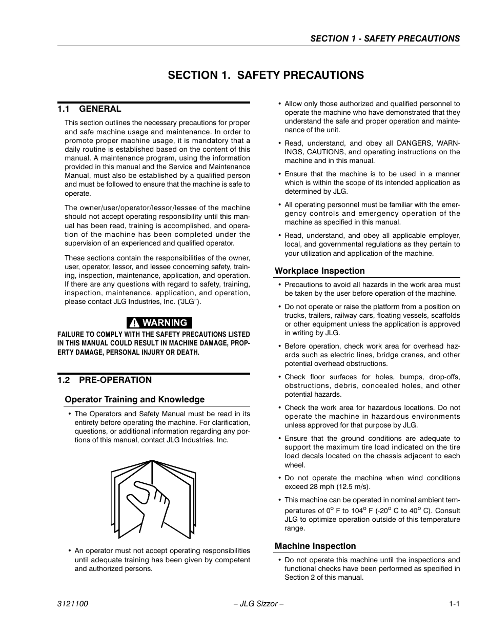 Section 1. safety precautions, 1 general, 2 pre-operation | Operator training and knowledge, Workplace inspection, Machine inspection, Section 1 - safety precautions, General -1, Pre-operation -1 | JLG 500RTS ANSI Operator Manual User Manual | Page 9 / 46