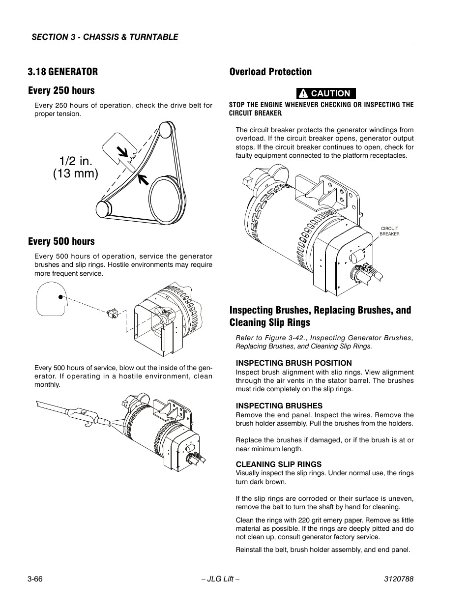 18 generator, Every 250 hours, Every 500 hours | Overload protection, Generator -66, 1/2 in. (13 mm) | JLG 460SJ ANSI Service Manual User Manual | Page 120 / 464