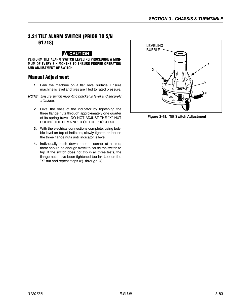 21 tilt alarm switch (prior to s/n 61718), Manual adjustment, Tilt alarm switch (prior to s/n 61718) -83 | Manual adjustment -83, Tilt switch adjustment -83 | JLG 460SJ ANSI Service Manual User Manual | Page 137 / 464