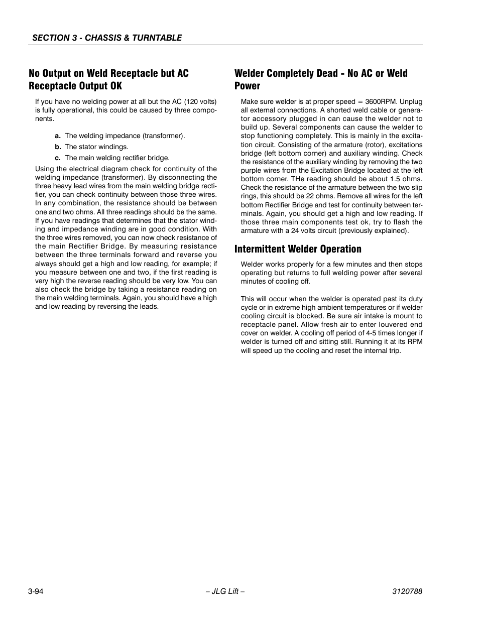 Welder completely dead - no ac or weld power, Intermittent welder operation | JLG 460SJ ANSI Service Manual User Manual | Page 148 / 464