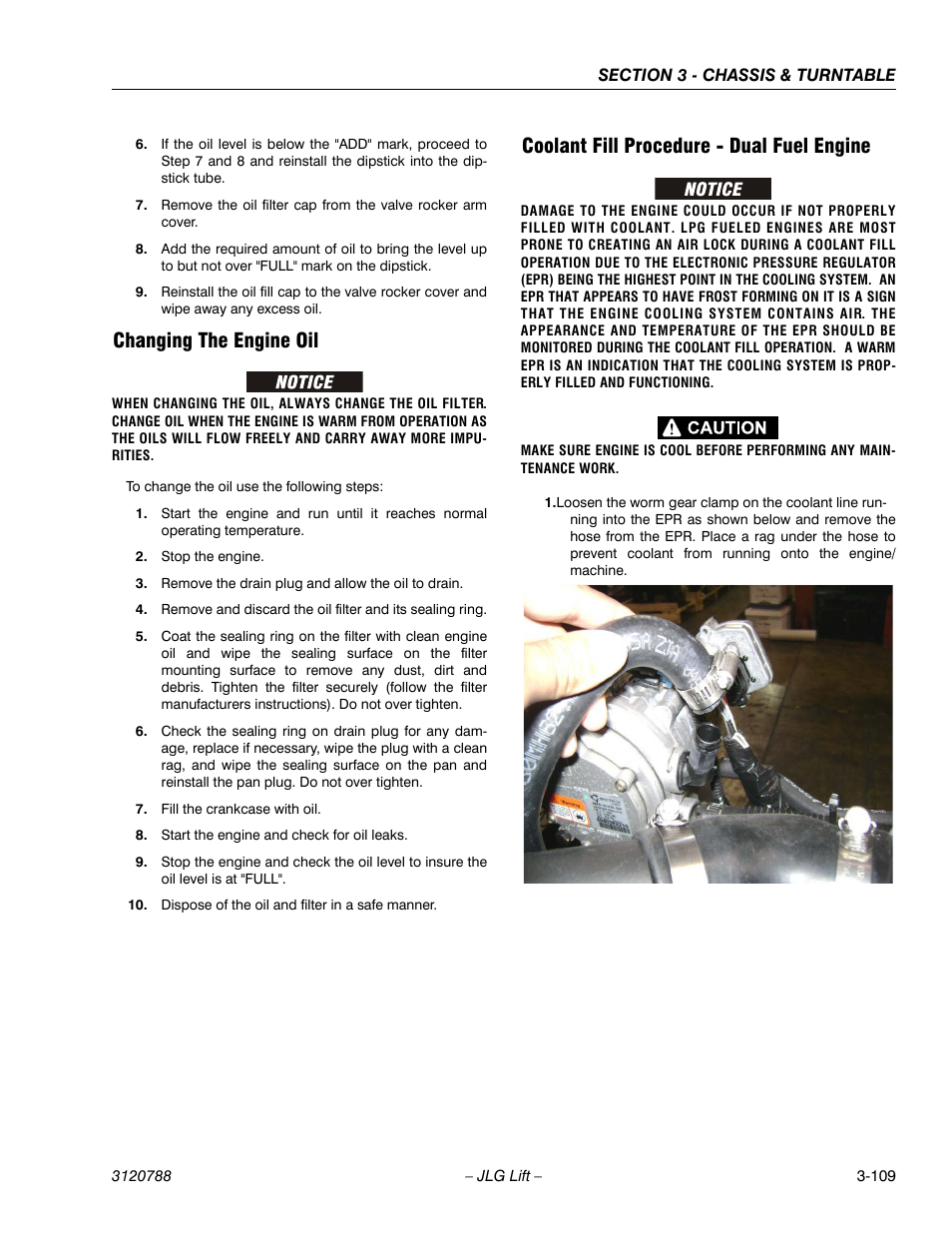 Changing the engine oil, Coolant fill procedure - dual fuel engine | JLG 460SJ ANSI Service Manual User Manual | Page 163 / 464