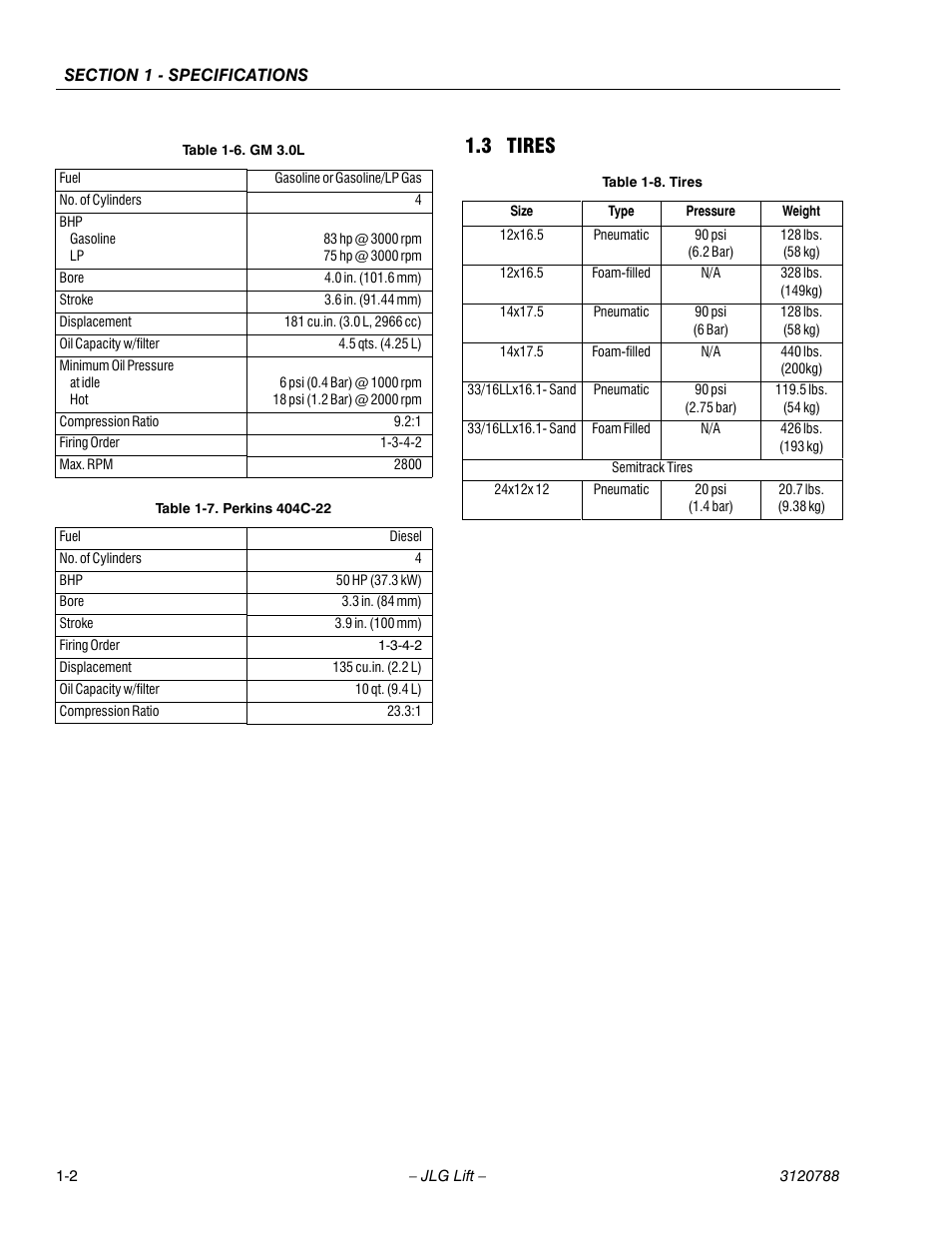 3 tires, Tires -2, Gm 3.0l -2 | Perkins 404c-22 -2 | JLG 460SJ ANSI Service Manual User Manual | Page 22 / 464