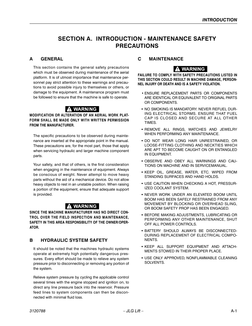 A general, B hydraulic system safety, C maintenance | JLG 460SJ ANSI Service Manual User Manual | Page 3 / 464