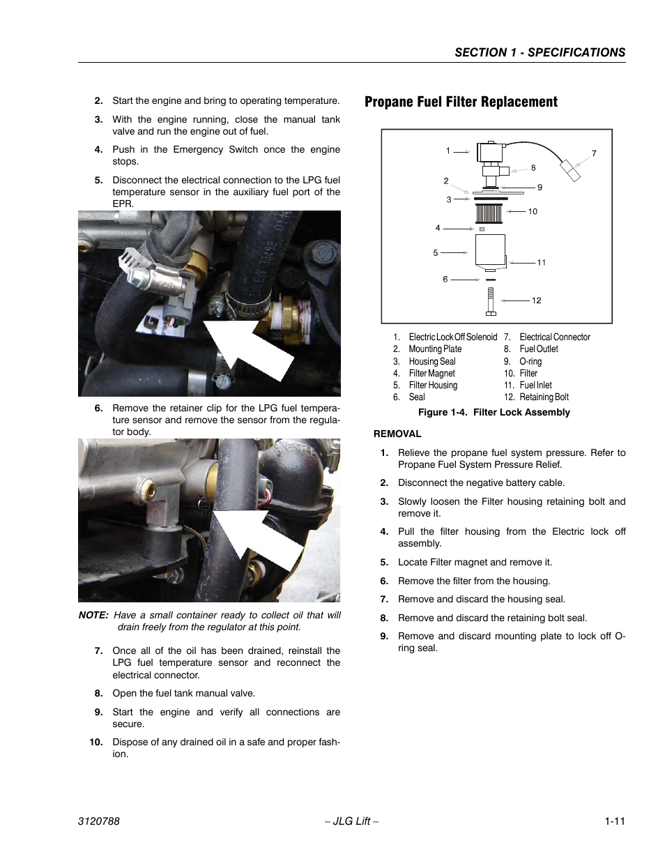 Propane fuel filter replacement, Propane fuel filter replacement -11, Filter lock assembly -11 | JLG 460SJ ANSI Service Manual User Manual | Page 31 / 464