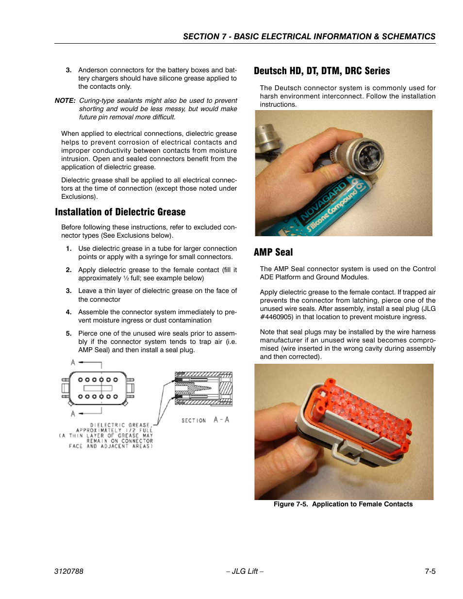 Installation of dielectric grease, Deutsch hd, dt, dtm, drc series, Amp seal | Application to female contacts -5 | JLG 460SJ ANSI Service Manual User Manual | Page 409 / 464