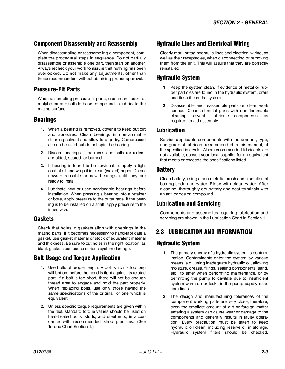 Component disassembly and reassembly, Pressure-fit parts, Bearings | Gaskets, Bolt usage and torque application, Hydraulic lines and electrical wiring, Hydraulic system, Lubrication, Battery, Lubrication and servicing | JLG 460SJ ANSI Service Manual User Manual | Page 43 / 464
