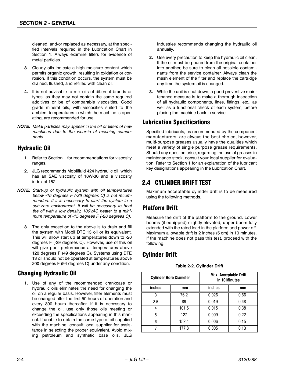 Hydraulic oil, Changing hydraulic oil, Lubrication specifications | 4 cylinder drift test, Platform drift, Cylinder drift, Cylinder drift test -4, Platform drift -4 cylinder drift -4, Cylinder drift -4 | JLG 460SJ ANSI Service Manual User Manual | Page 44 / 464