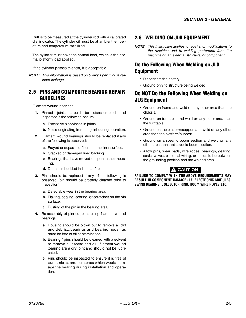 5 pins and composite bearing repair guidelines, 6 welding on jlg equipment, Do the following when welding on jlg equipment | Pins and composite bearing repair guidelines -5, Welding on jlg equipment -5 | JLG 460SJ ANSI Service Manual User Manual | Page 45 / 464