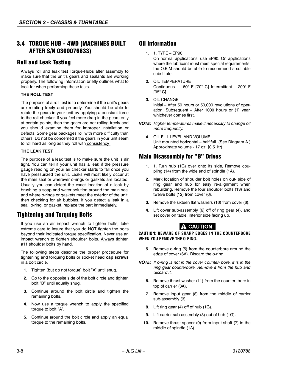 Roll and leak testing, Tightening and torquing bolts, Oil information | Main disassembly for ”b” drives | JLG 460SJ ANSI Service Manual User Manual | Page 62 / 464