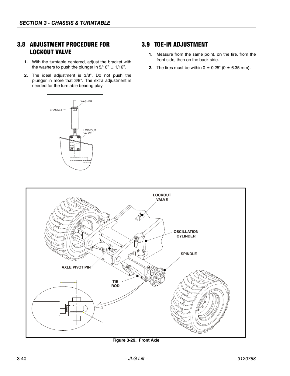 8 adjustment procedure for lockout valve, 9 toe-in adjustment, Adjustment procedure for lockout valve -40 | Front axle -40 | JLG 460SJ ANSI Service Manual User Manual | Page 94 / 464