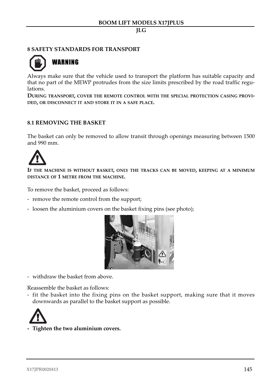 Importante warning | JLG X17J Plus Operator Manual User Manual | Page 149 / 176