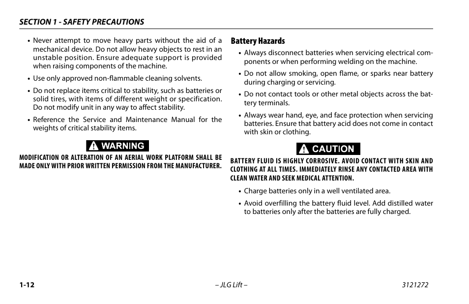 Battery hazards | JLG M4069 Operator Manual User Manual | Page 22 / 86