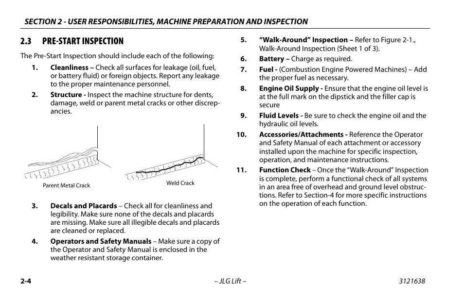 3 pre-start inspection, Pre-start inspection -4 | JLG M4069 Operator Manual User Manual | Page 26 / 86