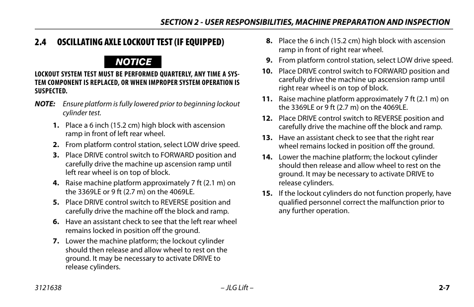 4 oscillating axle lockout test (if equipped), Oscillating axle lockout test (if equipped) -7 | JLG M4069 Operator Manual User Manual | Page 29 / 86