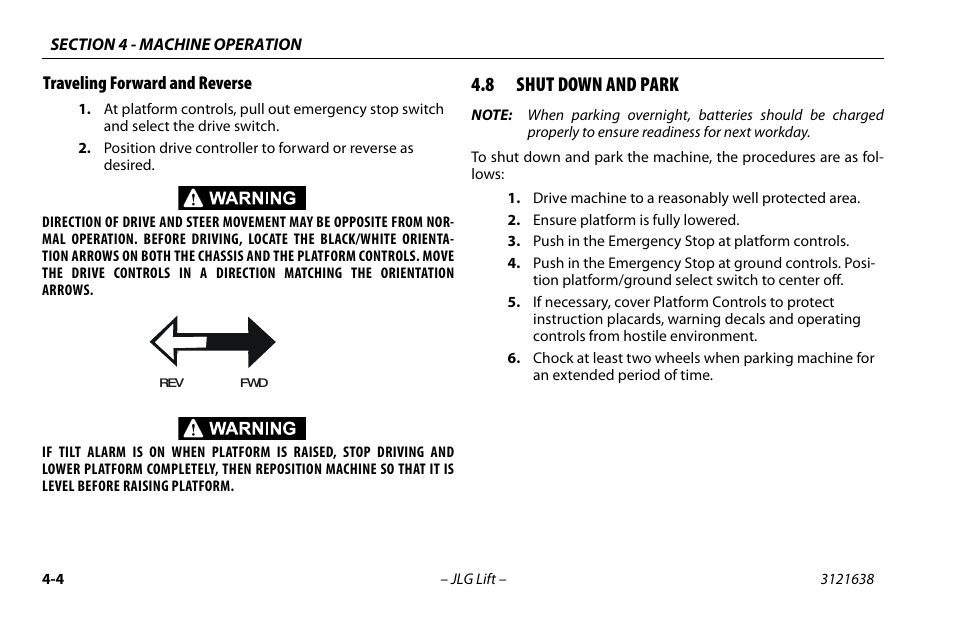 Traveling forward and reverse, 8 shut down and park, Traveling forward and reverse -4 | Shut down and park -4 | JLG M4069 Operator Manual User Manual | Page 58 / 86