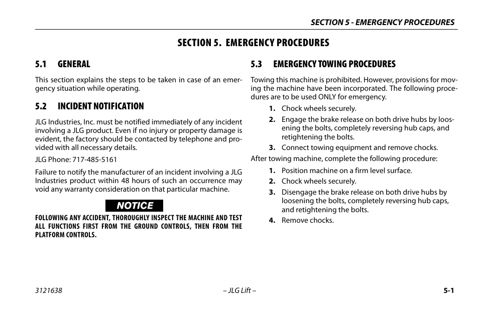 Section 5. emergency procedures, 1 general, 2 incident notification | 3 emergency towing procedures, Section - 5 - emergency procedures, General -1, Incident notification -1, Emergency towing procedures -1 | JLG M4069 Operator Manual User Manual | Page 63 / 86