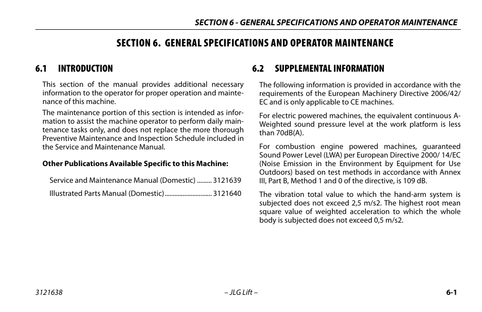 1 introduction, 2 supplemental information, Introduction -1 | Supplemental information -1 | JLG M4069 Operator Manual User Manual | Page 65 / 86