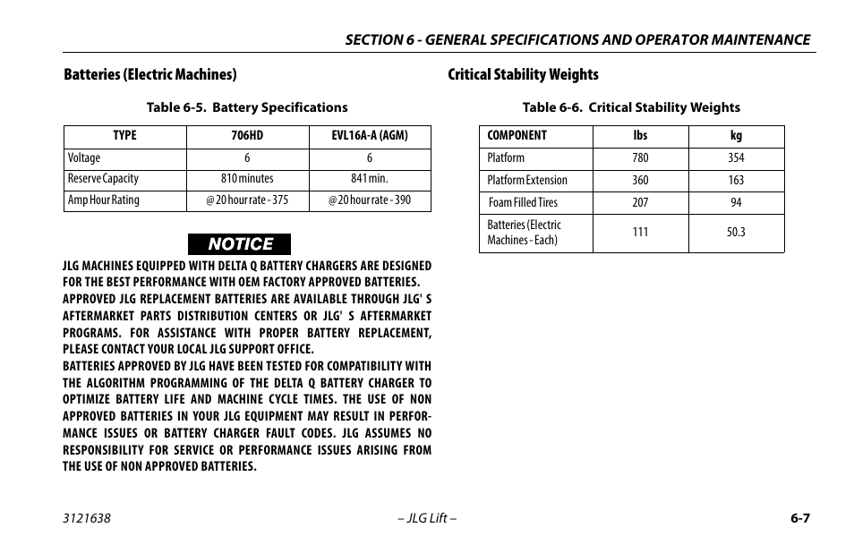 Batteries (electric machines), Critical stability weights, Battery specifications -7 | Critical stability weights -8 | JLG M4069 Operator Manual User Manual | Page 71 / 86