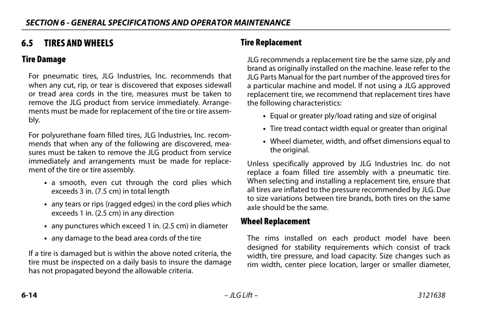 5 tires and wheels, Tire damage, Tire replacement | Wheel replacement, Tires and wheels -14 | JLG M4069 Operator Manual User Manual | Page 78 / 86
