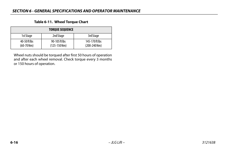 11 wheel torque chart -16 | JLG M4069 Operator Manual User Manual | Page 80 / 86