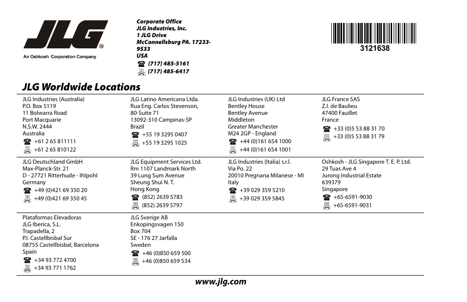 Jlg worldwide locations | JLG M4069 Operator Manual User Manual | Page 86 / 86
