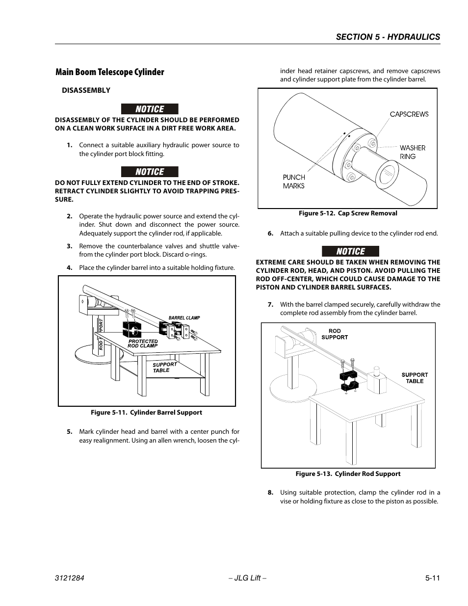 Main boom telescope cylinder, Main boom telescope cylinder -11, Cylinder barrel support -11 | Cap screw removal -11, Cylinder rod support -11 | JLG 18RS Service Manual User Manual | Page 101 / 230