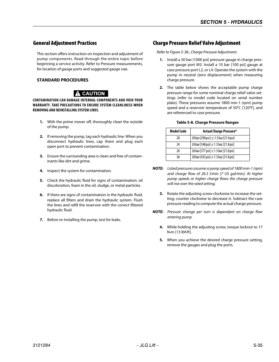 General adjustment practices, Charge pressure relief valve adjustment, Charge pressure ranges -35 | JLG 18RS Service Manual User Manual | Page 125 / 230