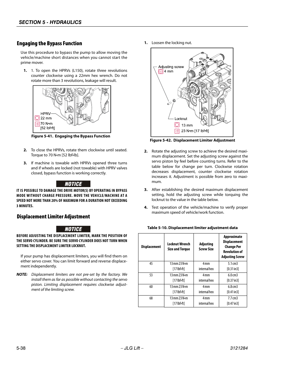 Engaging the bypass function, Displacement limiter adjustment, Engaging the bypass function -38 | Displacement limiter adjustment -38, Displacement limiter adjustment data -38 | JLG 18RS Service Manual User Manual | Page 128 / 230
