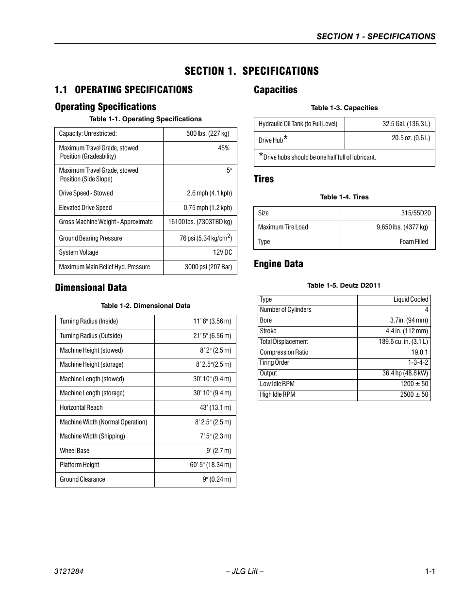 Section 1. specifications, 1 operating specifications, Operating specifications | Dimensional data, Capacities, Tires, Engine data, Section 1 - specifications, Operating specifications -1, Dimensional data -1 | JLG 18RS Service Manual User Manual | Page 13 / 230