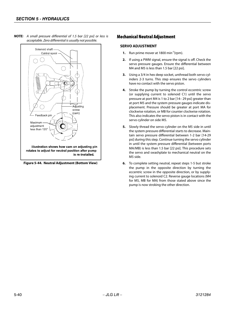 Mechanical neutral adjustment, Mechanical neutral adjustment -40, Neutral adjustment (bottom view) -40 | JLG 18RS Service Manual User Manual | Page 130 / 230