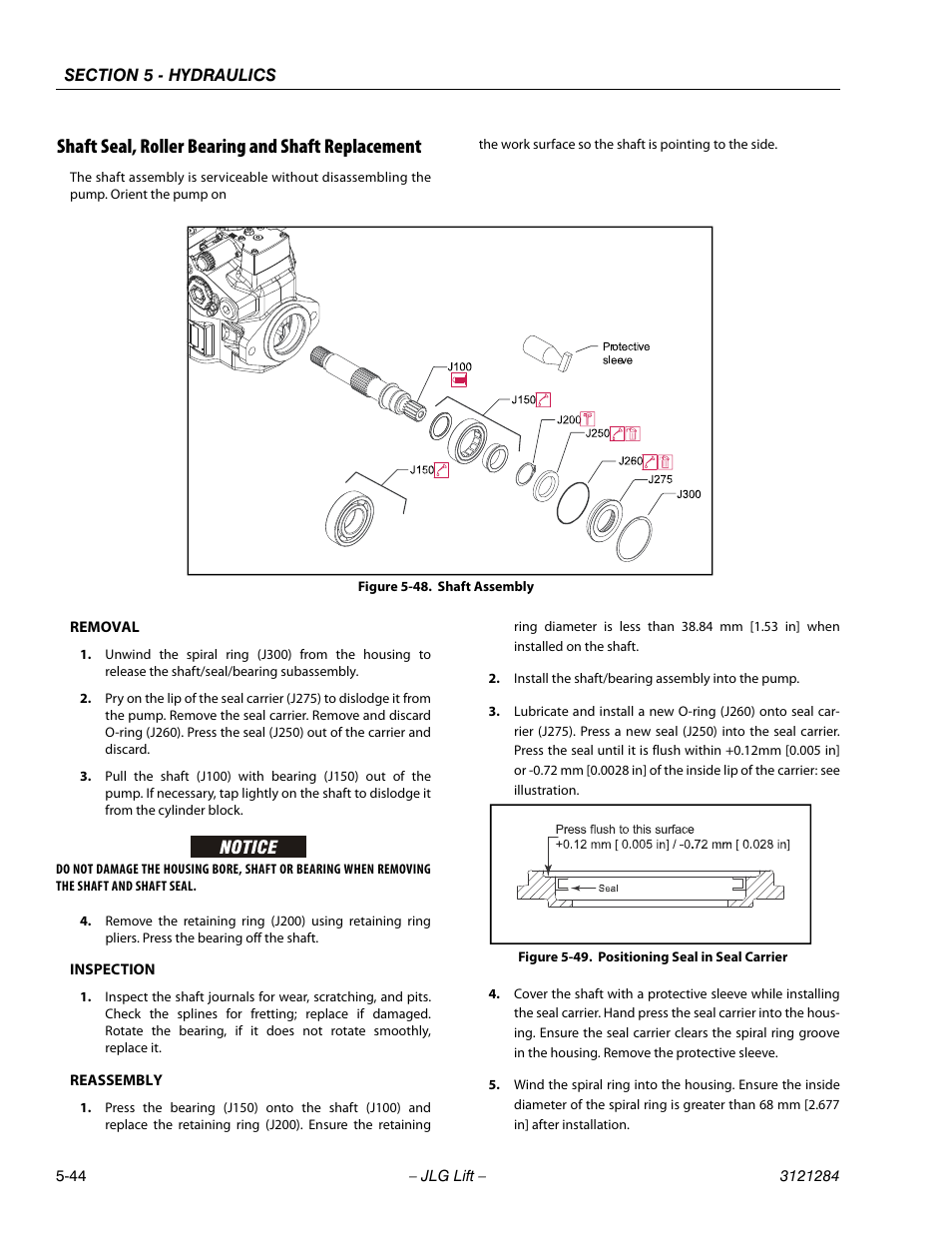 Shaft seal, roller bearing and shaft replacement, Shaft assembly -44, Positioning seal in seal carrier -44 | JLG 18RS Service Manual User Manual | Page 134 / 230